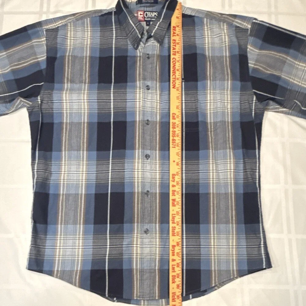Vintage Chaps Ralph Lauren Plaid Shirt Mens L Short Sleeve Button Down Blue 90s